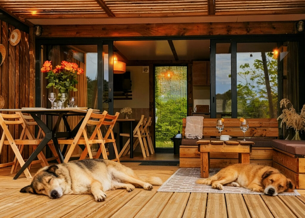 chiens sur terrasse chalet premium camping Dordogne près de Bergerac
