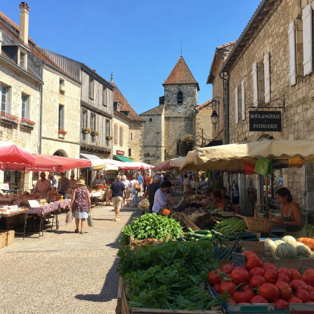 Marché d’Issigeac en Dordogne dans les rues du village