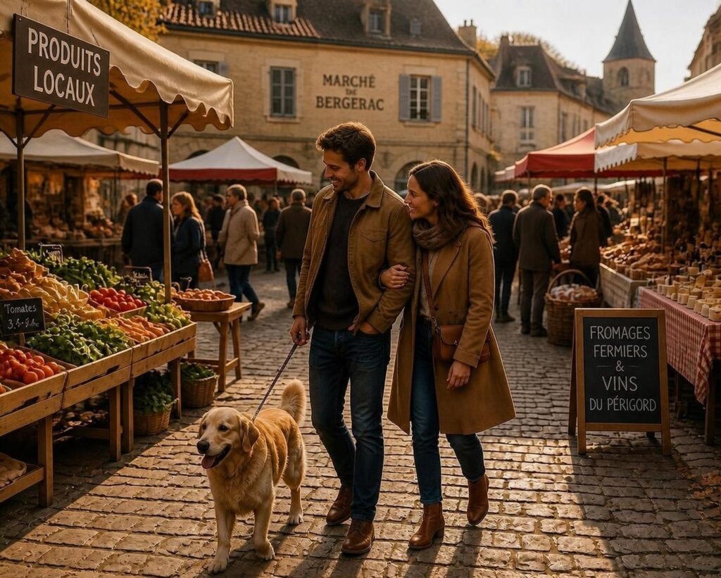 marché de Bergerac Couple avec un chien découvrant le marché de Bergerac