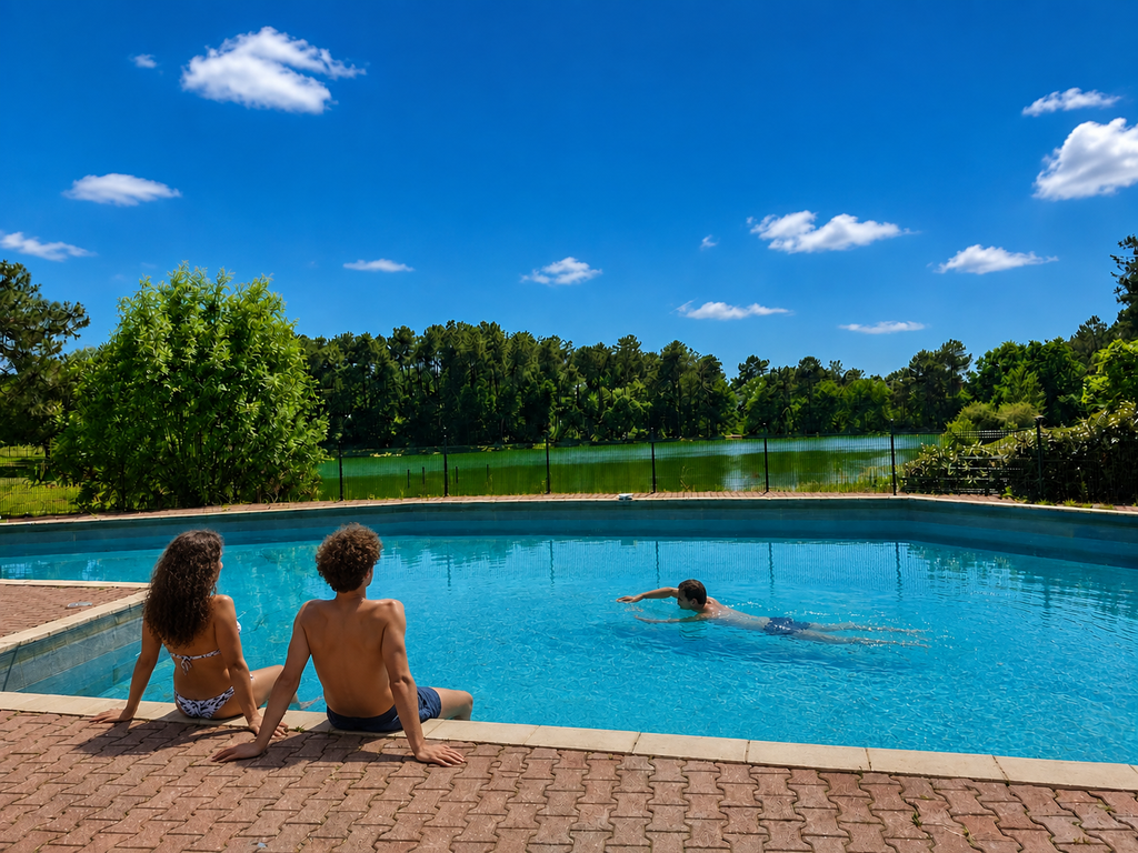 Piscine extérieure de Gaia Ecolodge à Douville en Dordogne, entourée de verdure et de transats